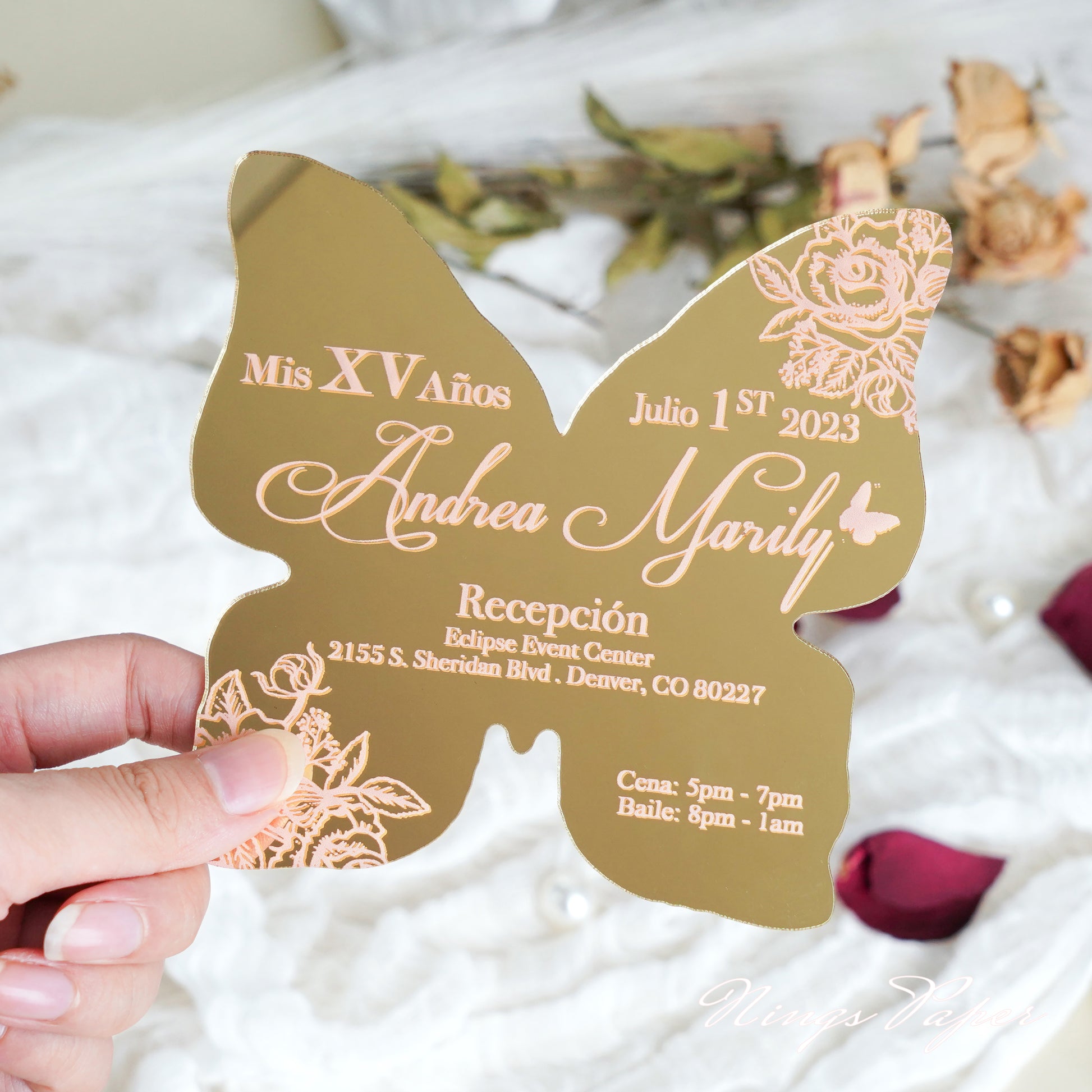 XV Años Invitations, Gold Butterfly Mirror Quinceañera Invitation Card –  NingsPaper
